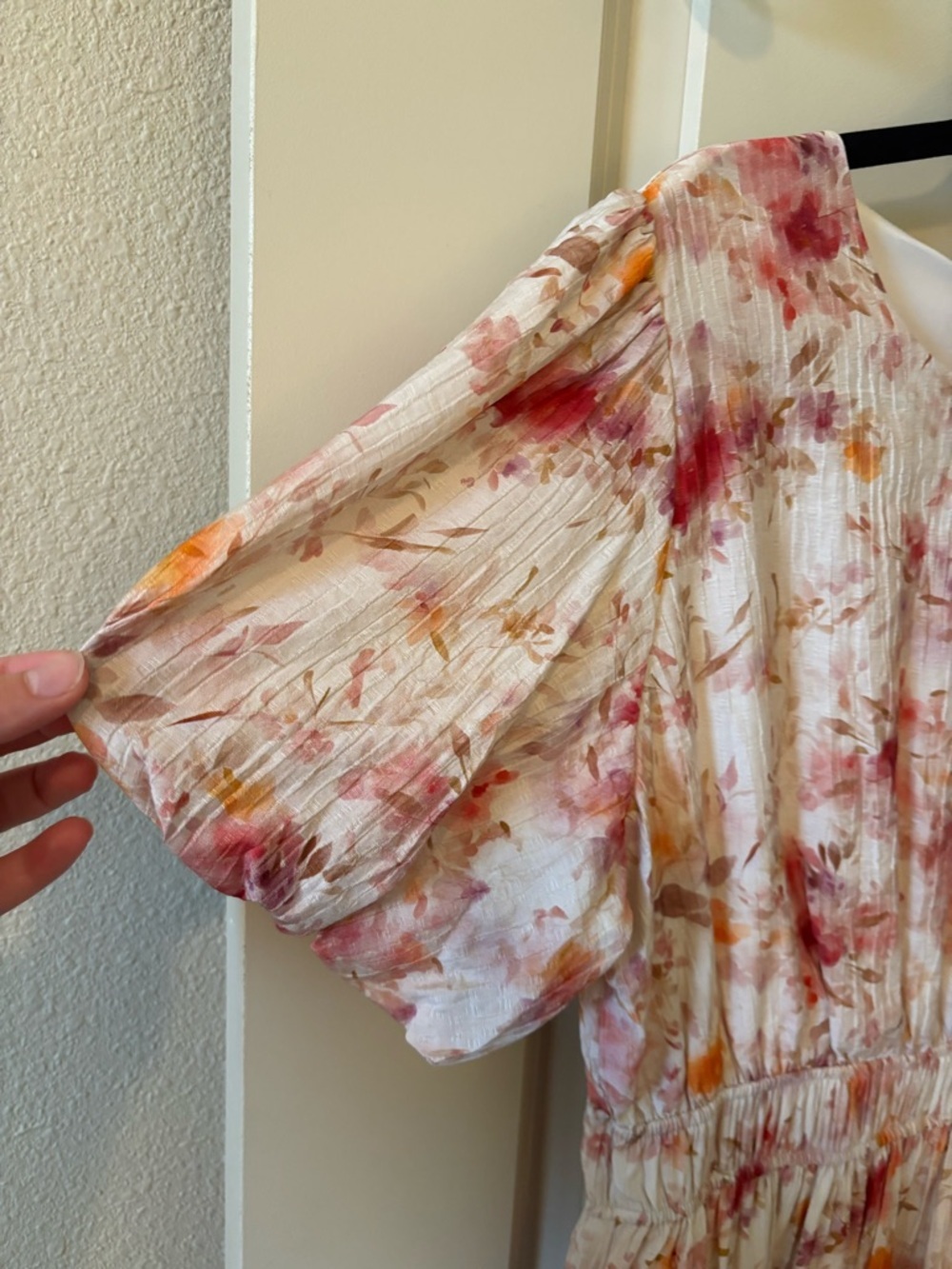 Floral Puff-Sleeve Midi Dress in Cream with Coral and Peach Accents - Modest - Picture 7 of 14